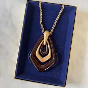 Vintage 70s Avon Long Gold Tone and Faux Tortoise Geometric Pendant Necklace